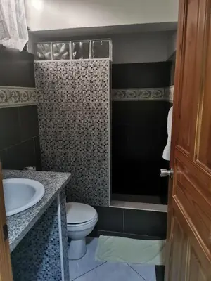 a bathroom with a toilet and a sink at Hotel Cambri in Nagua