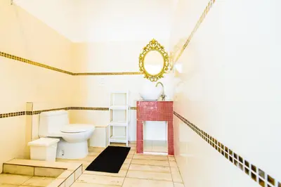 a bathroom with a toilet and a mirror at Terraza Art Villa Dominicana in Punta Cana