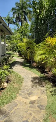 a stone path leading to a house with trees at Casa Giò in Las Terrenas