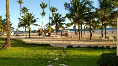 a park with palm trees on the beach at Juan Dolio Costa del Sol in Juan Dolio
