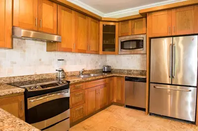 a kitchen with wooden cabinets and stainless steel appliances at Luxury Oceanview Condo 2 BR/2.5 BA in Sosúa