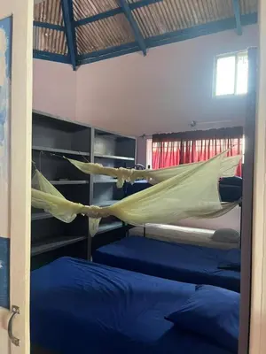 a room with two beds and a hammock in it at Il Triangolo Hostel in Las Galeras