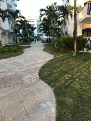 a walkway in front of a building with palm trees at 1 Sol Dominicus Solo Adultos Habitación con Entrada Independiente y Baño Privado in Bayahibe