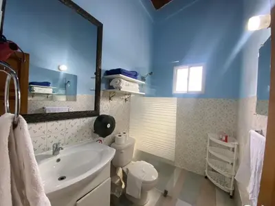 a bathroom with a sink and a toilet and a mirror at Apartamentos Magallanes Bayahibe in Bayahibe