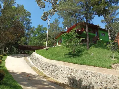 a house on a hill with a dog walking in front at Mi Hogar Jarabacoa in Jarabacoa