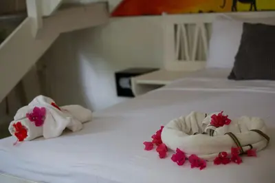 two towels on a bed with flowers on it at Afreeka Beach Hotel in Las Terrenas