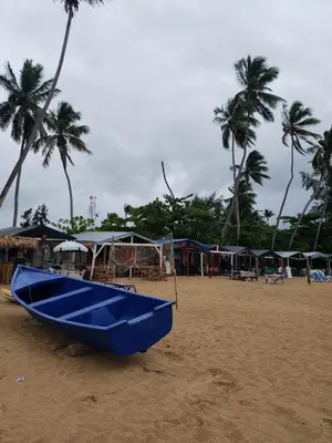 a blue boat sitting on a beach with palm trees at Las Terrenas, La Fenice, Playa Popy in Las Terrenas