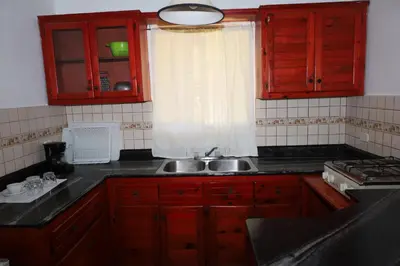 a kitchen with wooden cabinets and a sink and a window at Aparta-Hotel Villa Baya in Bayahibe