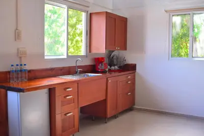 a kitchen with wooden cabinets and a sink and two windows at Puerto Blanco Marina & Hotel in Puerto de Luperon