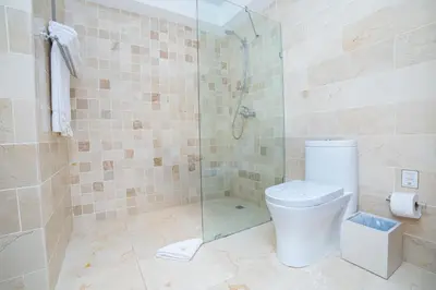 a bathroom with a toilet and a glass shower at Presidential Suites Cabarete - Room Only in Cabarete