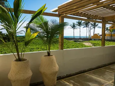 two vases with palm trees in them sitting on a wall at Residencial Mañanero in Cabarete