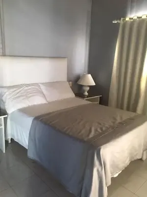a bedroom with a bed and a lamp and a window at Hotel Maracas Punta Cana in Punta Cana
