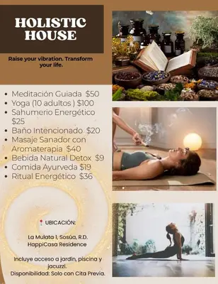 a flyer for a holistic house with a woman doing yoga at HappiCasaRD & Holistic House in Sosúa