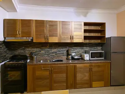 a kitchen with wooden cabinets and a sink and a refrigerator at Apartahotel Guaraguao in San Pedro de Macorís