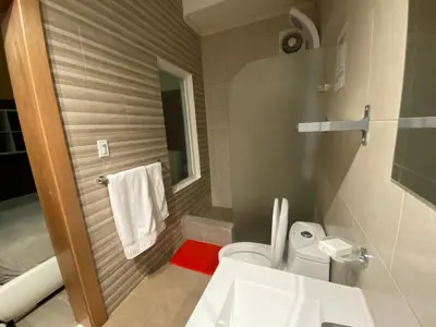 a bathroom with a white toilet and a red rug at Apartahotel Guaraguao in San Pedro de Macorís