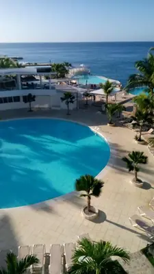 a large swimming pool with palm trees and the ocean at Million View Room Adults Only Resort 3 in La Laguna