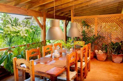 a wooden table and chairs in a room with plants at Villa Flamboyan in Las Galeras