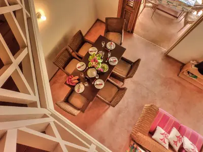 an overhead view of a dining table and chairs at Villa Maxime in Las Galeras