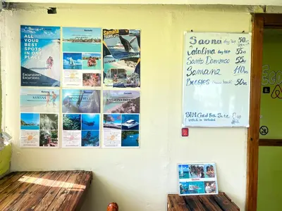 two benches on a wall with posters on the wall at Hostel Eco Punta Cana in Punta Cana