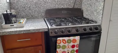 a stove top oven in a kitchen next to a counter at Residencial Palmas De Gurabo in Santiago de los Caballeros