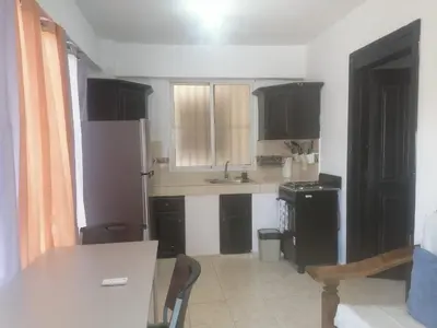 a kitchen with black cabinets and a white refrigerator at J. B Apartamentos in Santo Domingo