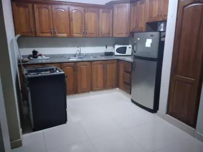 a kitchen with wooden cabinets and a black refrigerator at Oasis de paz in Jarabacoa