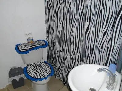 a bathroom with a zebra shower curtain and a toilet at Guesthouse Villa La Isla in La Romana