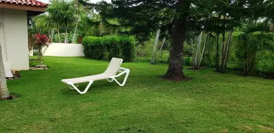 a white chair sitting in the grass next to a tree at Villas for Vacation 32-18-6 in Sosúa