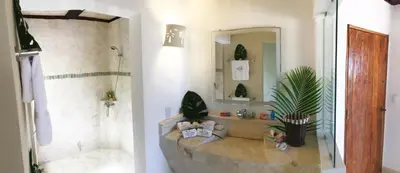 a bathroom with a tub and a mirror and a plant at Cabrera Chalet boutique hotel in Cabrera