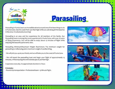 a screenshot of the page of a website for parasailing at Lugo`s guest room in Punta Cana