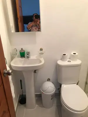 a bathroom with a toilet and a sink and a mirror at lujoso apto con terraza para barbecue in Santiago de los Caballeros