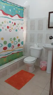 a bathroom with a toilet and a shower curtain at La famosa costillas a la leña in Jarabacoa