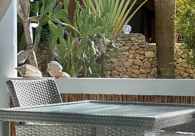 a wicker chair and a table in a garden at Bahia Residence Cabarete in Cabarete