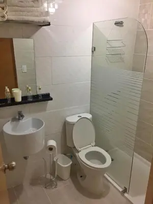 a bathroom with a toilet and a sink and a shower at Beautiful & Comfortable Apartment near Colonial Zone in Santo Domingo