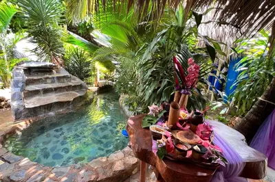 a small pool in a garden with a table and flowers at CHALET TROPICAL Hotel & Pool Bar Restaurant in Las Galeras
