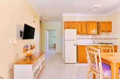 a kitchen with a white refrigerator and wooden cabinets at Parco del Caribe in Boca Chica