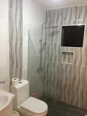 a bathroom with a shower with a toilet and a sink at 6-1 SANTIAGO CITY GREAT COZY APT TO STAY - Cozy 3 bedrooms Apartment for 7 peoples - close to all kind the business wifi - Air Condition in Santiago de los Caballeros