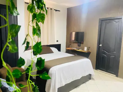 a hotel room with a bed and a tv at Ocean Breeze Studios in Santo Domingo