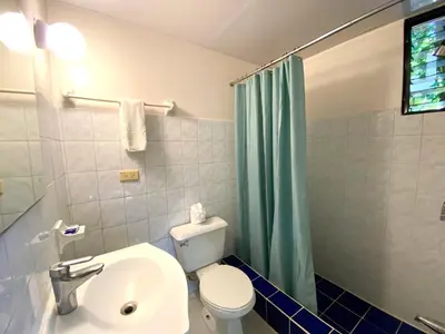 a bathroom with a toilet and a sink and a shower at Hotel Alegria in Cabarete
