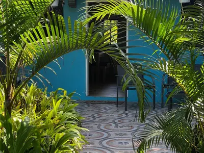 a blue house with a courtyard with plants at Haus unter Palmen in Jarabacoa