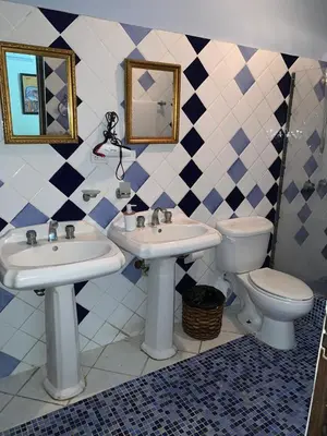 a bathroom with two sinks and a toilet at Mansion Colonial Boutique Hotel Pool Jacuzzi Bar Restaurant by BTC Group Crypto in Santo Domingo