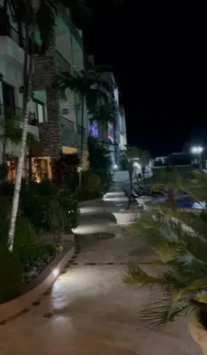 a street at night with palm trees and buildings at Best ocean view Sosua-Cabarete in Sosúa