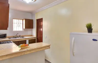 a kitchen with a white refrigerator and a counter top at Modern Tropical 2-Bedroom Apartment with Terrace 300 Mbps Wi-Fi, power Generator in La Viva