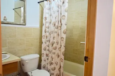 a bathroom with a toilet and a shower curtain at 3BR Apt @CadaquesCaribe Bayahibe in San Rafael del Yuma