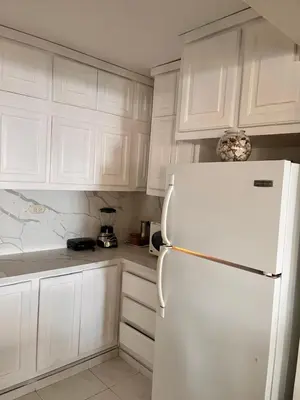 a kitchen with white cabinets and a white refrigerator at Apartamento amueblado en Villa Olga in Santiago de los Caballeros