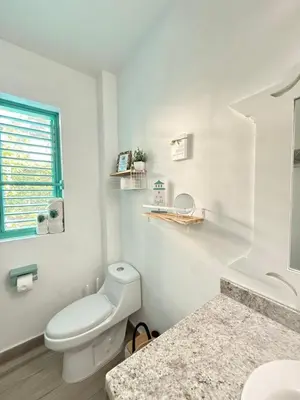 a white bathroom with a toilet and a window at La Dolce Vita Beachfront Apt 2 in Las Terrenas