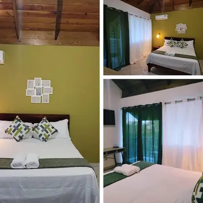 two pictures of a bedroom with two beds and a window at Hotel Sea Breeze Sosua in Sosúa