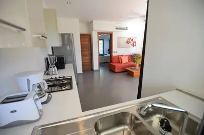 a kitchen with a sink and a living room at Oasis Apartment C4 inside ALIGIO Residence Hotel in Las Terrenas