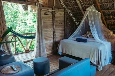 a bedroom in a tree house with a bed and a window at Bungalows India, El Valle, Samana in Santa Bárbara de Samaná