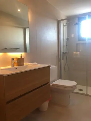 a bathroom with a sink and a toilet and a shower at Hermoso Penthouse a solo pasos de la Playa in Punta Cana